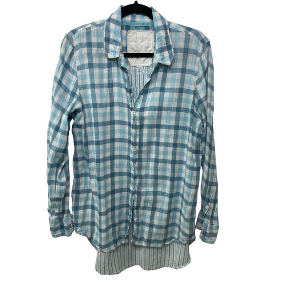 Cino Plaid Tunic Top Rol Tab Long Sleeve 100% Cotton Blue White Casual Shirt XXL - Picture 1 of 10